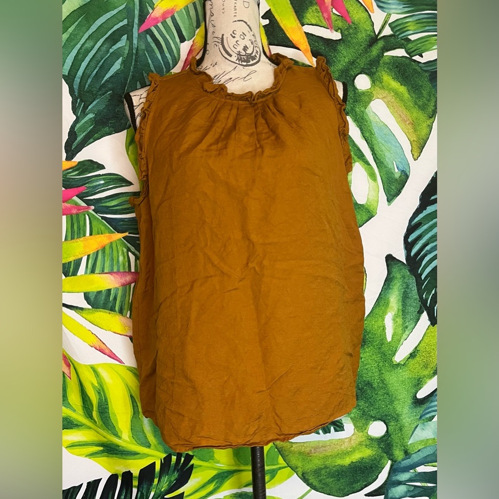 Ann Taylor LP Burnt Orange Linen Blend Sleeveless Ruffle Trim Office Teacher Top